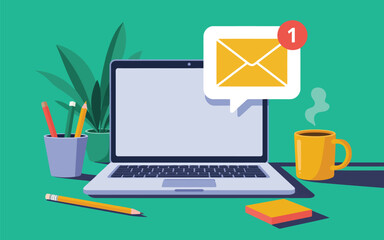 Laptop displays a new message notification on a green desk with a steaming hot beverage