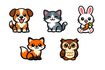 Obraz premium A collection of five cute cartoon animal stickers featuring a dog, cat, rabbit with a carrot, fox, and owl. Each character has a white border and is set against a black background.