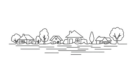 Simple black and white line drawing of a small town skyline with trees © Ferdous_Studio