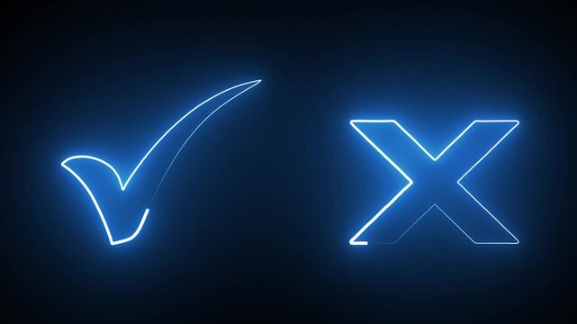 Blue neon checkmark and cross animation representing approval and rejection, yes and no decision feedback. Ideal for UI design, app notifications, voting results and business motion graphics in 4K.