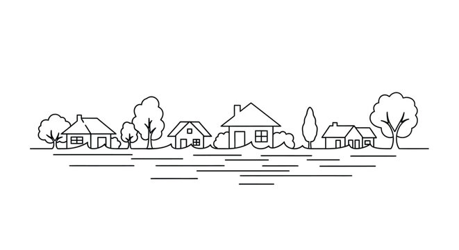 Simple black and white line drawing of a small town skyline with trees