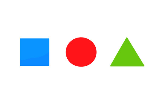 A blue square, a red circle, and a green triangle are arranged in a horizontal row against a black background with vertical white noise and static texture.