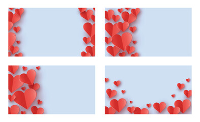 Set of backgrounds with flying paper cut hearts. Abstract concept for Valentine&rsquo;s Day, Mother&rsquo;s Day and Women&rsquo;s Day. Vector illustration