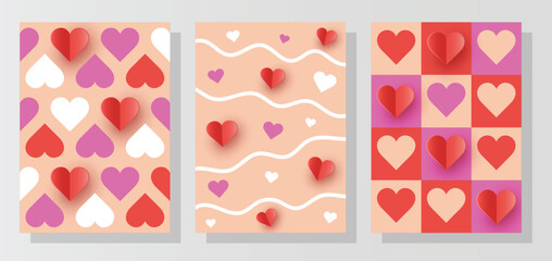 Set of abstract backgrounds with paper cut heart. Abstract design or Valentine&rsquo;s Day, Mother&rsquo;s Day and Women&rsquo;s Day. Vector illustration