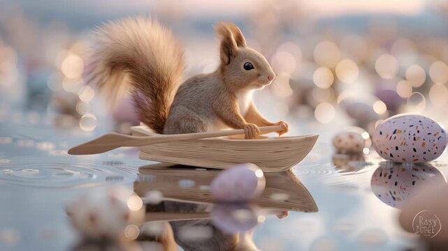 Cute fluffy squirrel rowing tiny wooden boat with oar amid floating colorful pastel easter eggs on reflective water surface