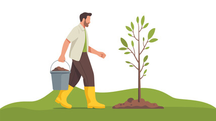 Man in yellow boots planting a young tree on a green hill with a bucket of soil