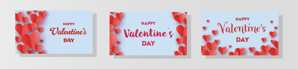 Set of Valentine&rsquo;s Day greeting cards with floating paper cut hearts. Abstract background design. Vector illustration