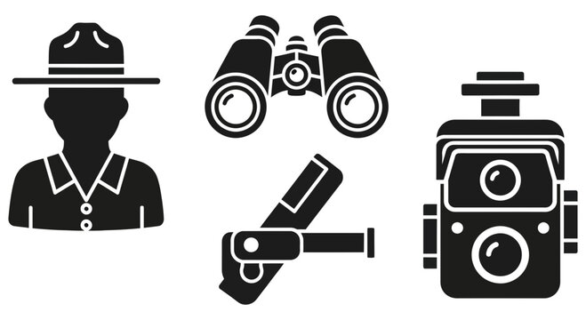 Collection of dark silhouette icons representing outdoor park ranger equipment including a uniformed individual binoculars a folding tool and a rangefinder for wilderness exploration activities