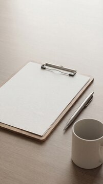 Blank year-end checklist on clipboard with pen and coffee, vertical business