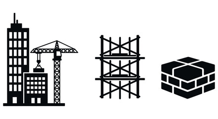 Naklejka premium Construction and building elements including crane, scaffolding, and bricks used in development projects worldwide by architects and engineers for modern infrastructure