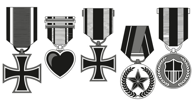 Collection of war medals and crosses symbolizing bravery and honor in various military and humanitarian contexts worldwide and history of valorous actions and service.