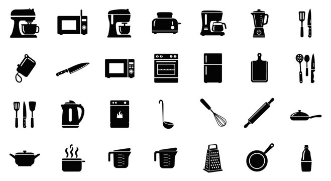 Collection of kitchen appliances and utensils icons in a grid layout, black silhouettes on white background, various kitchen tools and gadgets, digital illustration, top view