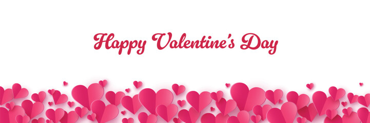 Happy Valentine&rsquo;s Day greeting card with flying paper cut hearts. Banner. Vector illustration