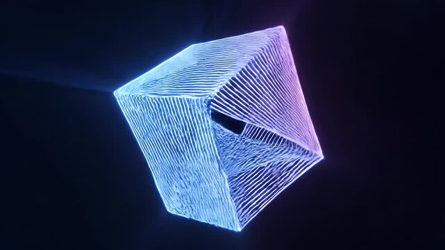 Glowing Geometric Wireframe Animation - A dynamic, geometric wireframe shape with neon blue and purple hues, floating against a dark background.