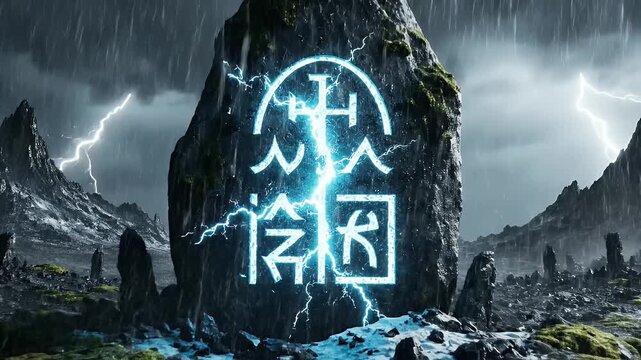 Mysterious Symbol on Lightning-Struck Monolith - The video depicts a rugged landscape with a prominent monolith in the foreground, inscribed with glowing, mysterious symbols illuminated by a bolt of