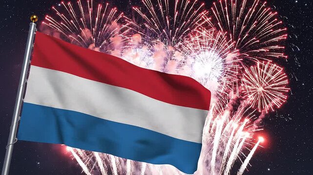 A dramatic night scene featuring the Luxembourg flag waving proudly in the foreground, with red, white, and light blue stripes illuminated by bursts of colorful fireworks in the sky. The fireworks exp