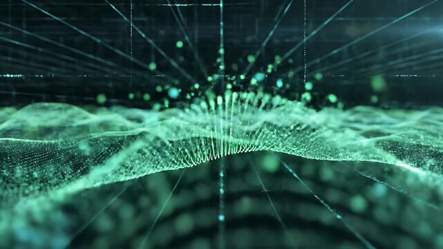 Digital Green Data Wave - This video shows an abstract representation of data as a green wave with a dark background. The scene is further enhanced by a grid of lines and smaller light particles.