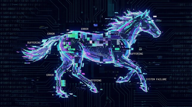 Neon blue and magenta cyber horse running in futuristic glitch art style, digital pixel distortion on dark grid background with scanline texture and HUD interface elements
