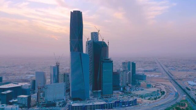 Breathtaking Aerial drone shot of the King Abdullah Financial District Saudi Arabia. 
