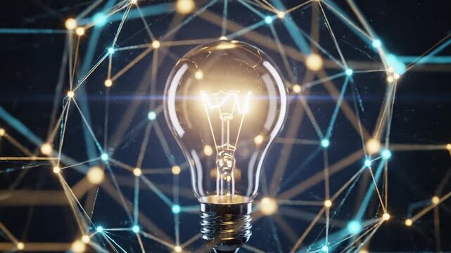Glowing lightbulb encased in a network of connected nodes on a dark, speckled background