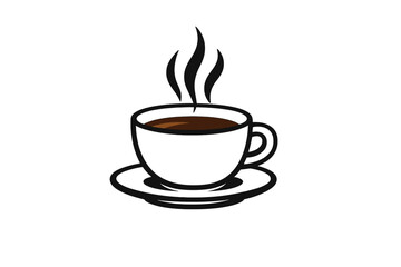 Obraz premium A minimalist illustration of a white ceramic coffee cup filled with dark coffee, resting on a matching saucer with three wisps of steam rising against a solid black background.