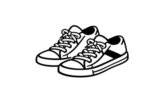 This minimalist black and white graphic illustration features a pair of sneakers with prominent white laces set against a dark background. It is a simple line art design.