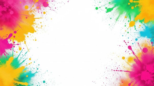 Colorful Holi powder splash background with copy space. Abstract paint explosion frame on white. Festival of colors celebration concept