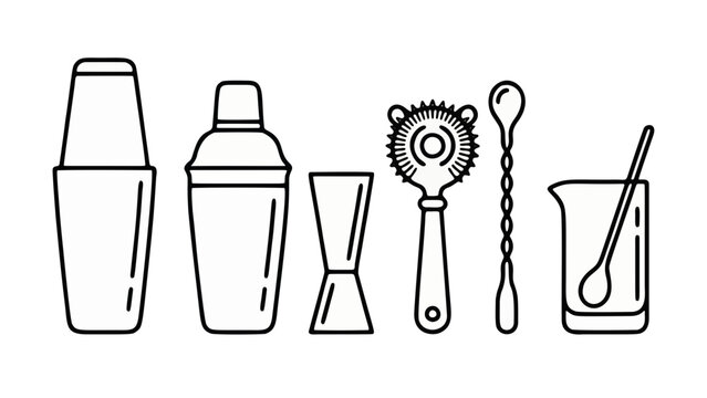 Elegant Line Art Bartender Tools Set with Minimal Outline Design
