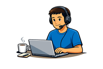 A cartoon illustration of a young man wearing a headset and using a laptop at a desk. Beside him is a steaming cup of coffee and a notepad, set against a solid black background.