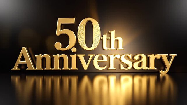 Golden 50th anniversary celebration text on reflective surface with dark background and lighting