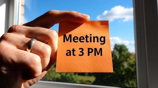 Hand holding note scheduling meeting at 3 PM by window with natural background