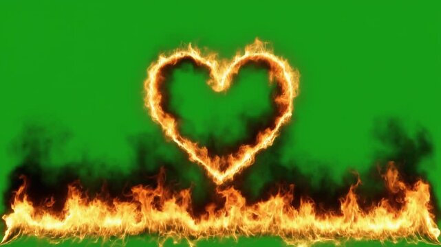 Heart-shaped flame design on green background with fire, passion, and love concept for Valentine's Day or romantic gesture