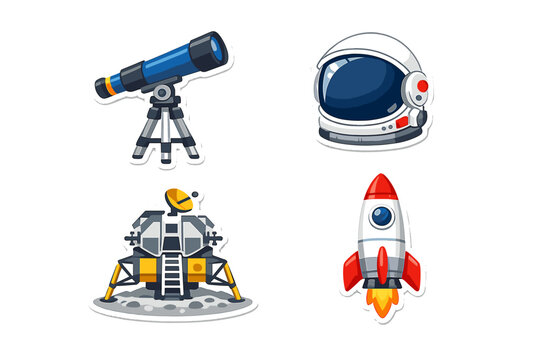A collection of four space-themed stickers featuring a blue telescope on a tripod, an astronaut helmet, a lunar lander on the moon, and a rocket ship launching with fire.