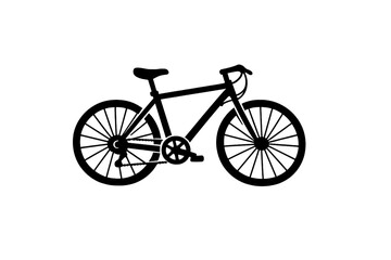 Fototapeta premium A black silhouette of a bicycle is shown against a plain white background. The bike features detailed wheels with spokes, a frame, handlebars, a seat, and pedals in a minimalist style.