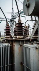 Close-up of large power transformer with insulators and cables at an electrical substation. Energy generation and distribution concept.