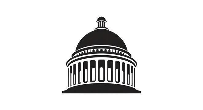 Black and white dome building icon, government architecture, capitol building symbol, classical structure, isolated PNG with Transparent Background