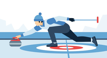Obraz premium Curling player in action sweeping ice with broom on rink during competition in winter sports arena