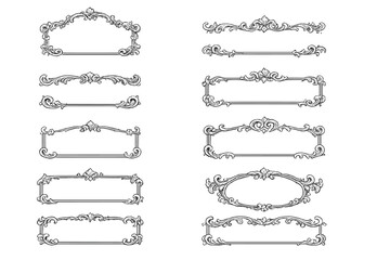 Obraz premium A collection of ten ornate vintage frames and decorative borders featuring baroque and rococo scrollwork patterns. These classical design elements are presented in a monochrome style.