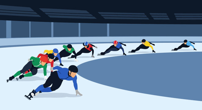 Dynamic illustration of multiple speed skaters in colorful uniforms racing intensely on an ice rink during a competitive event.