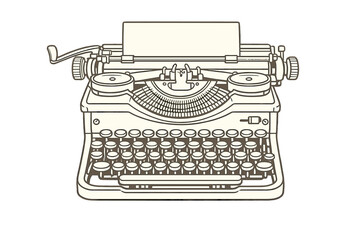 This minimalist line art illustration depicts a classic manual typewriter with a blank sheet of paper, showcasing intricate mechanical keys and knobs against a dark backdrop.