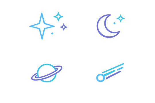 A set of four minimalist space icons featuring stars, a crescent moon, a ringed planet, and a comet. The icons are designed with blue and purple gradients on a solid black background.