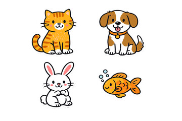 Fototapeta premium A collection of four cute cartoon animal stickers featuring an orange tabby cat, a brown and white dog, a white rabbit, and a goldfish, all set against a solid black background.