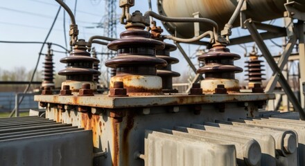 Close up of an electrical transformer with power line insulators. Energy distribution and industrial electricity infrastructure concept.