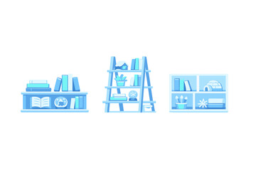 Fototapeta premium A collection of three different blue shelving units containing books, an igloo, a snow globe, and a snowflake icon, depicted in a minimalist flat vector illustration style.