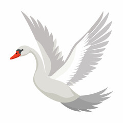 Obraz premium Cute cartoon white graceful swan flying with spread wings. Elegant bird vector illustration isolated on white background.Suitable for children’s books, stickers, logo, icon, poster, educational design