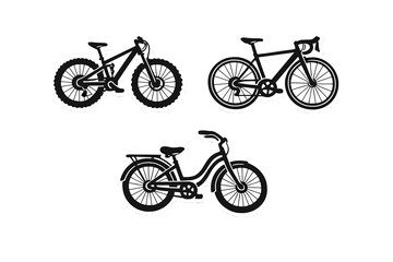 Obraz premium A collection of three black and white bicycle stickers including a mountain bike, a road bike, and a city bike. The flat vector icons are displayed against a solid black background.