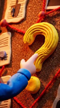 Close-up of 3D rendered Smurf character with yellow hair on textured brown background with red rope