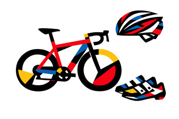 Abstract geometric illustration featuring a road bicycle, a cycling helmet, and a shoe in vibrant red, blue, and yellow colors against a black background. Modern minimalist sports art style.