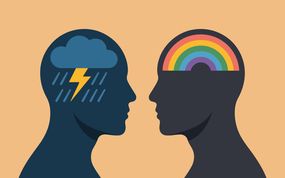 Two human head profiles facing each other depict contrasting mental states with a storm and rainbow