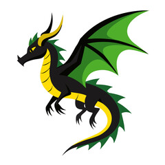 Obraz premium Cartoon Black Fire Dragon with Green Wings and Yellow Belly. Fantasy flying dragon or dinosaur. Mythical character. Isolated vector on white background